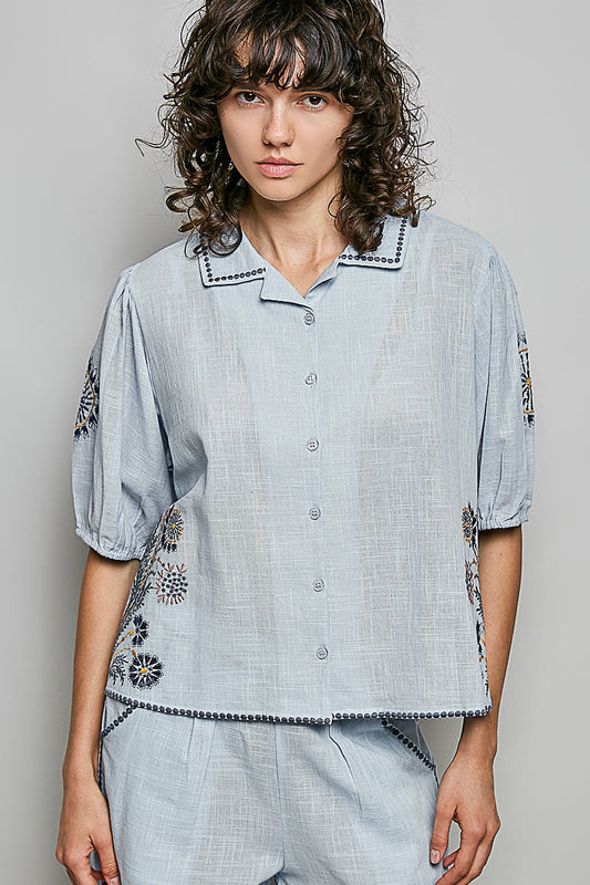 POL Button Down Embroidered Floral Short Sleeve Shirt-0