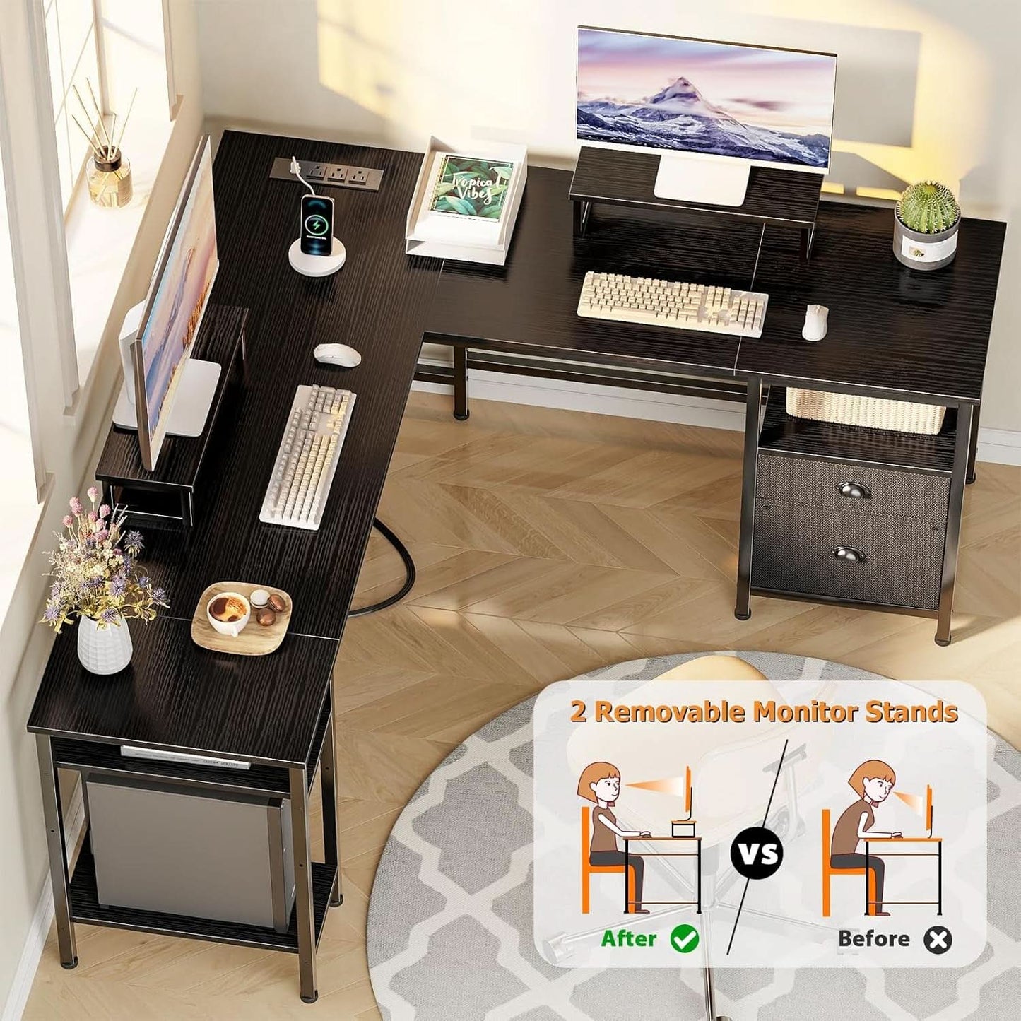 Fifty Nine Inch L Shaped Desk With Black Storage Drawers Unit-3