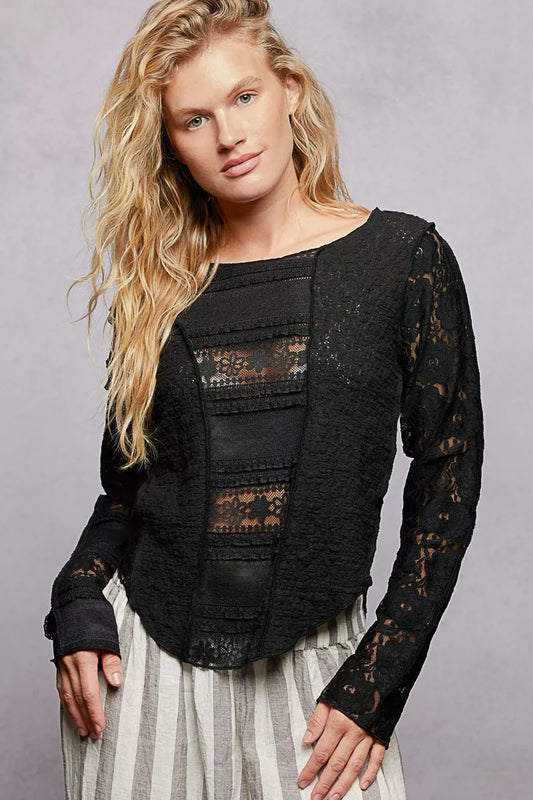 POL Round Neck Long Sleeve Exposed Seam Top with Lace Detail-0