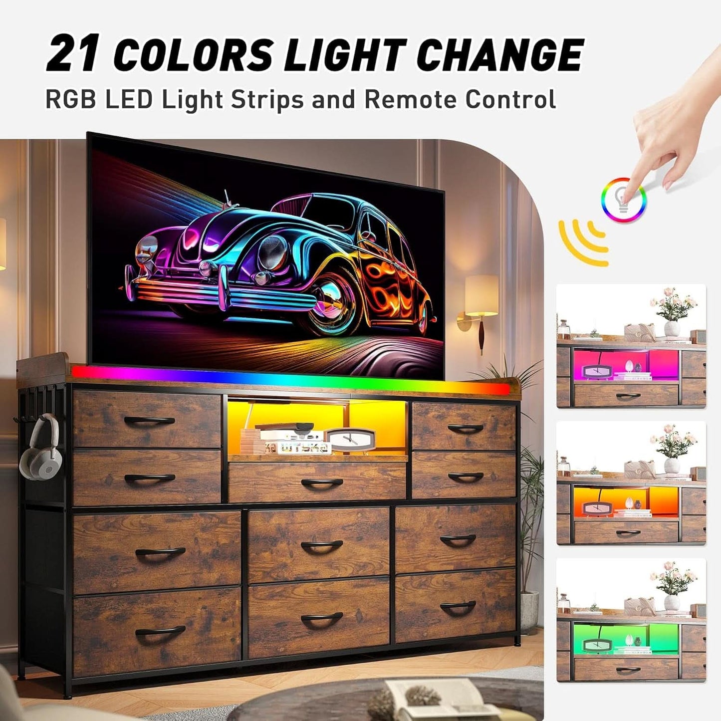 Dresser With 11 Drawers And LED Lights For Bedroom-4