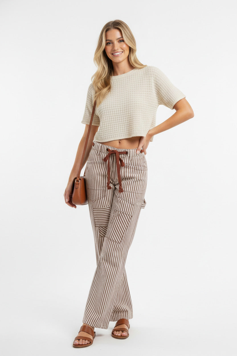 BiBi Drawstring Striped Twill Barrel Pants-2