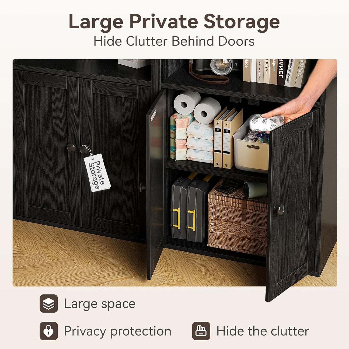 Black Six Tier Floor Standing Bookshelf With Doors-3