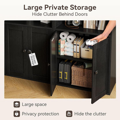 Black Six Tier Floor Standing Bookshelf With Doors-3