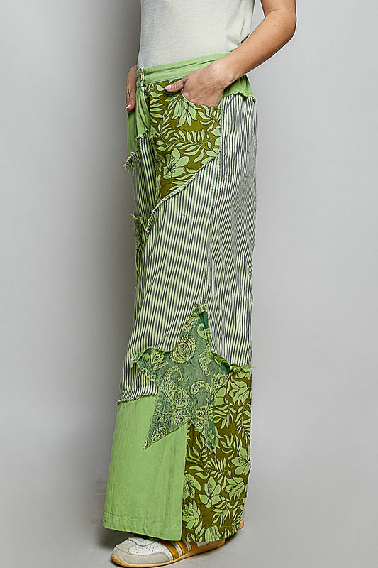 POL Striped Floral Patchwork Wide leg Pants with Side Big Star Patch-1