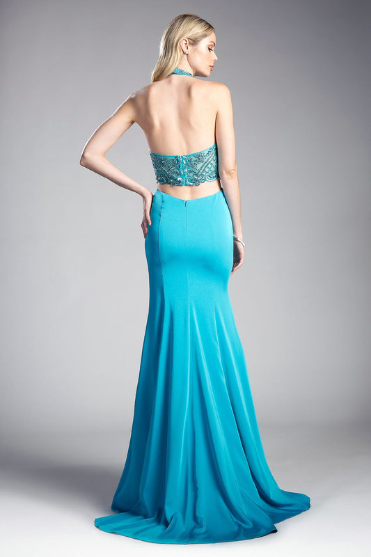Tux-USA stretch jersey gown with halter neckline and cut-out details, perfect for a night out, shown in this image.
