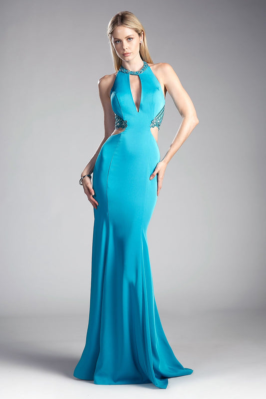 Tux-USA stretch jersey gown with halter neckline and cut-out details, perfect for a night out, shown in a sleek black design.