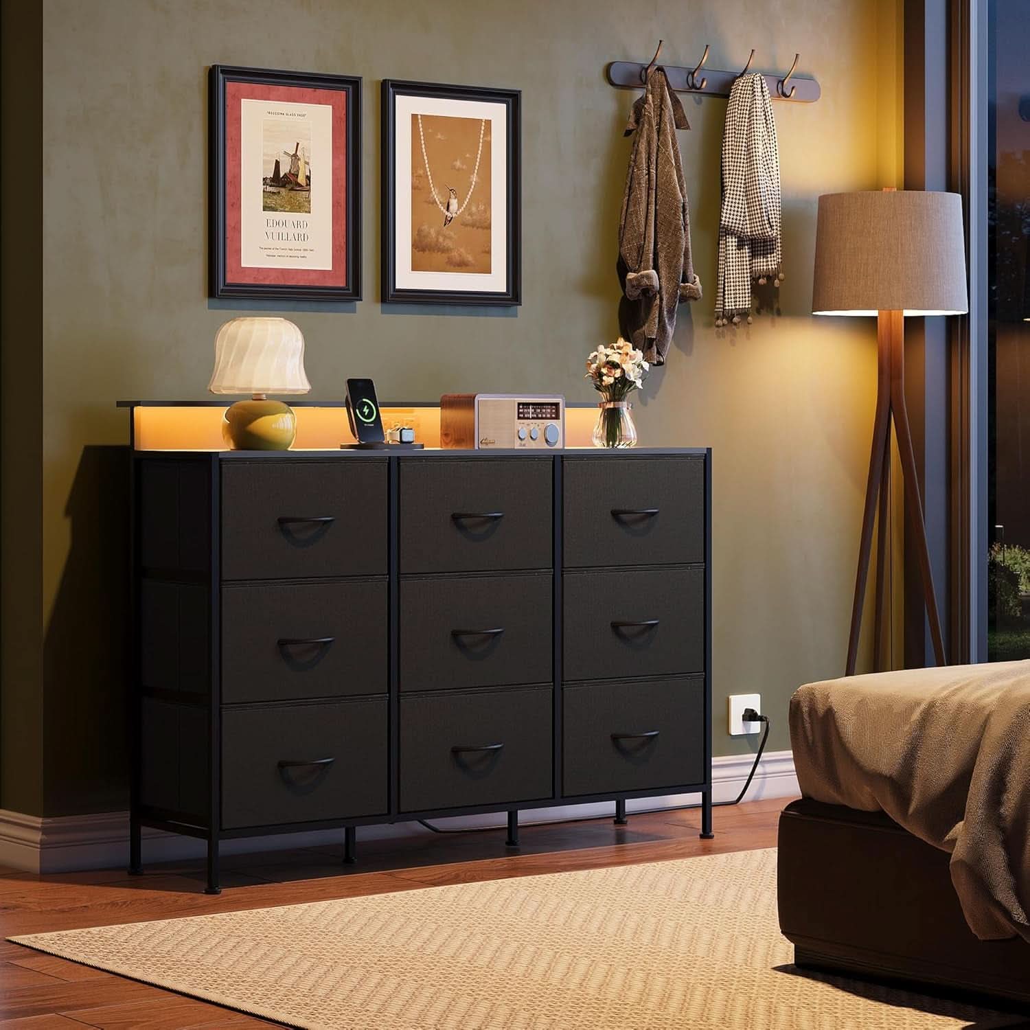 Black Dresser TV Stand 55 Inch With LED Lights And Charging Station-1