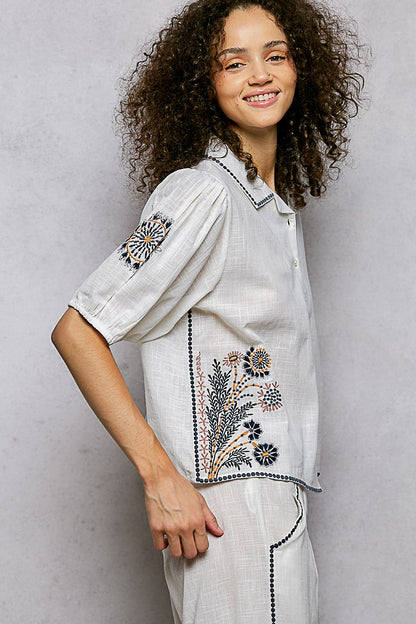 POL Button Down Embroidered Floral Short Sleeve Shirt-2