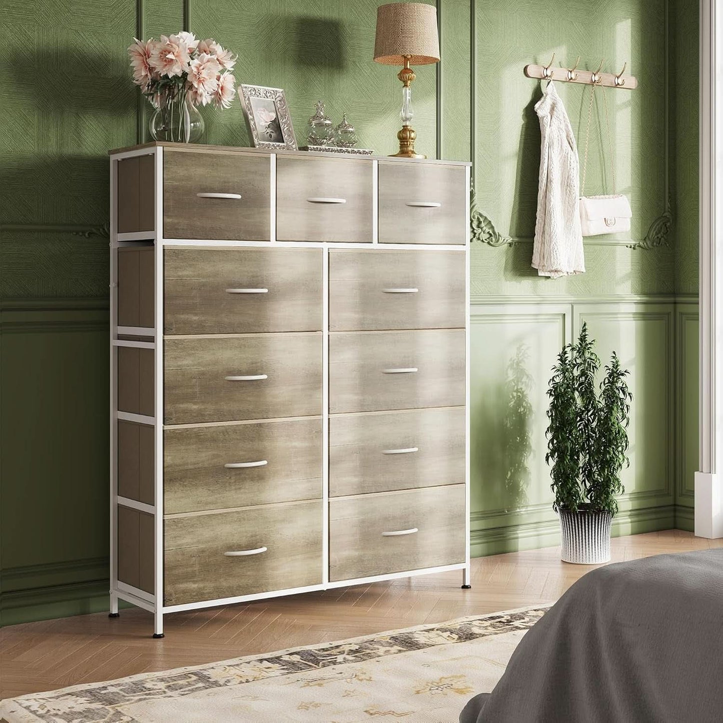 Tall Fabric Dresser Storage Tower 11 Drawer Greige Bedroom-3