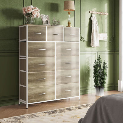 Tall Fabric Dresser Storage Tower 11 Drawer Greige Bedroom-3