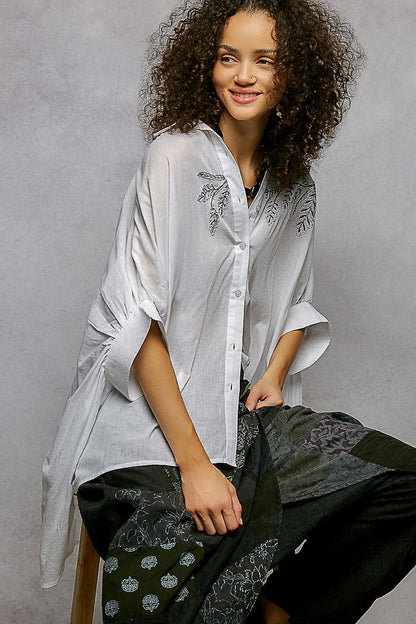 POL Button Down Embroidered Floral High-Low Hem Shirt-2