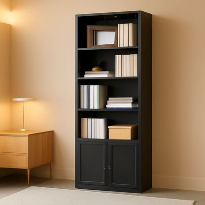 Black Six Tier Floor Standing Bookshelf With Doors-0