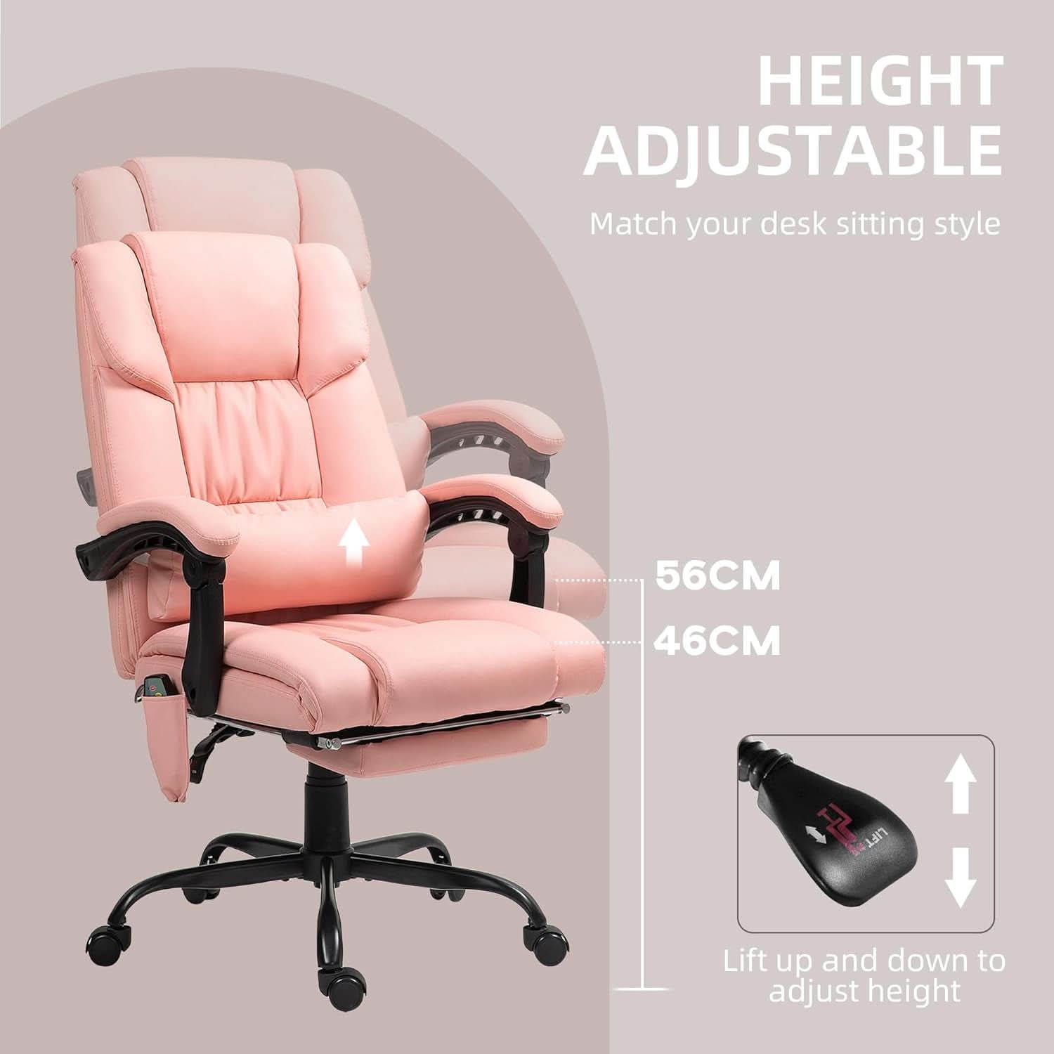 Pink Massage Office Chair With 6 Vibration Points Footrest-3