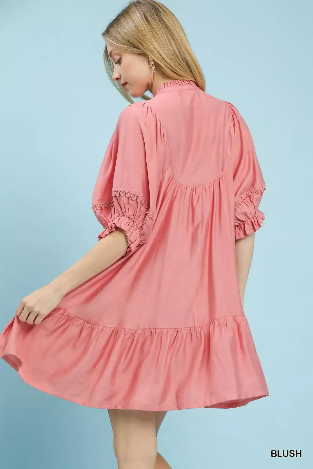Umgee Smocked Bib Ruffle Hem Babydoll Dress-2