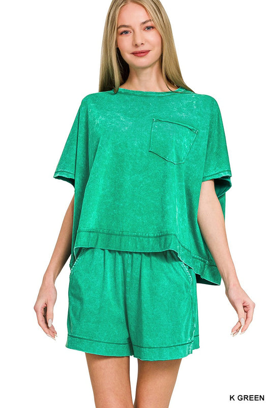 Zenana Acid Washed Oversized Top & Shorts Set-0