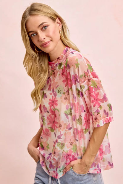 BiBi Floral Print Short Sleeves Boxy Mesh Top-3