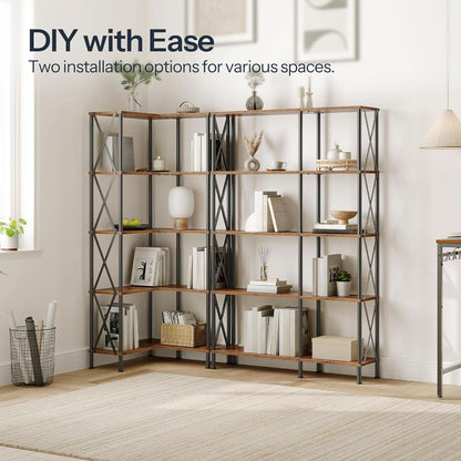 Corner Bookshelf 5-Tier L-Shaped Industrial Bookcase In Rustic Brown-2