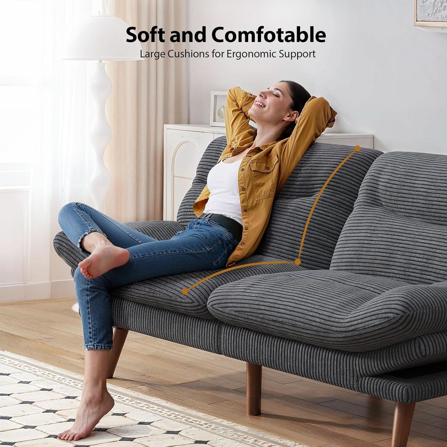 Corduroy Grey 73In Adjustable Backrest Futon SofaBed-2