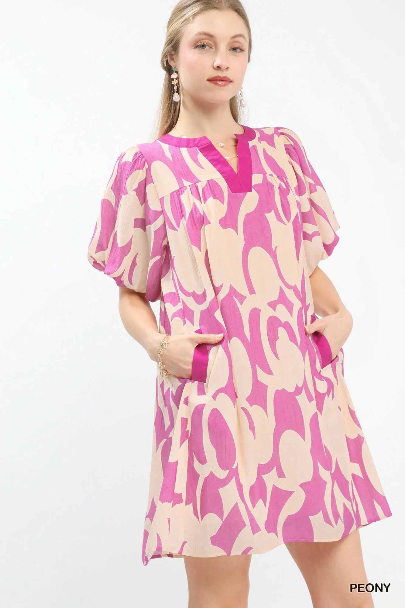Umgee Abstract Print Puff Sleeve Shift Dress-1