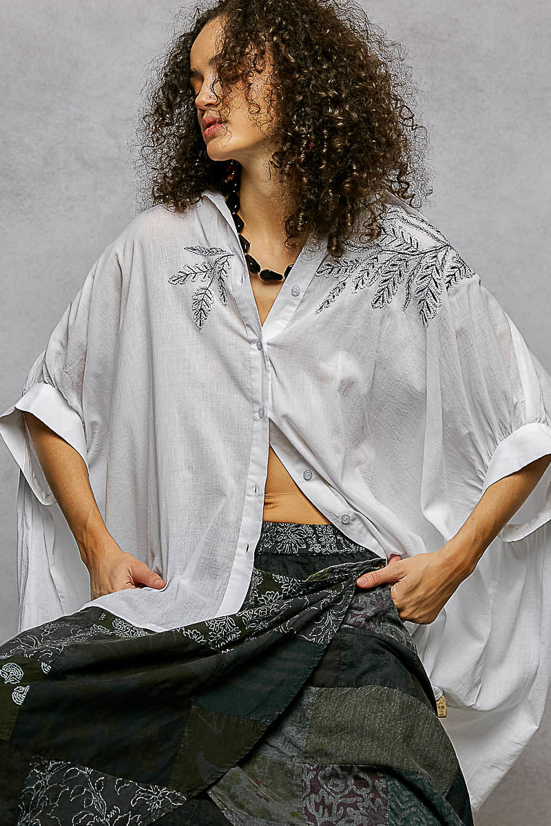 POL Button Down Embroidered Floral High-Low Hem Shirt-1