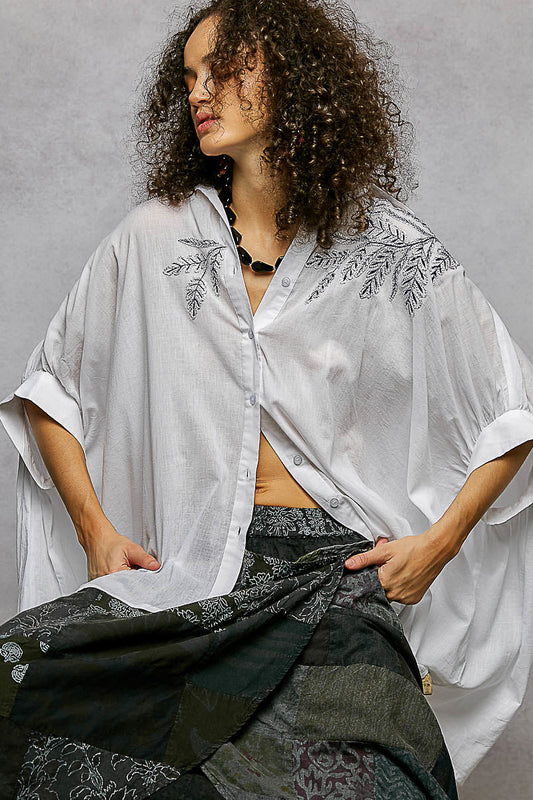 POL Button Down Embroidered Floral High-Low Hem Shirt-1