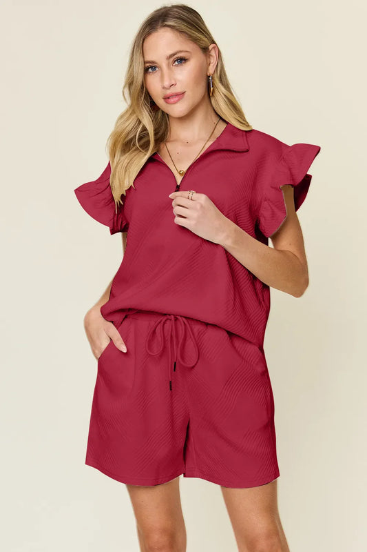 Double Take Full Size Texture Flounce Sleeve Top and Drawstring Shorts Set-10