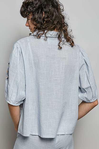 POL Button Down Embroidered Floral Short Sleeve Shirt-3