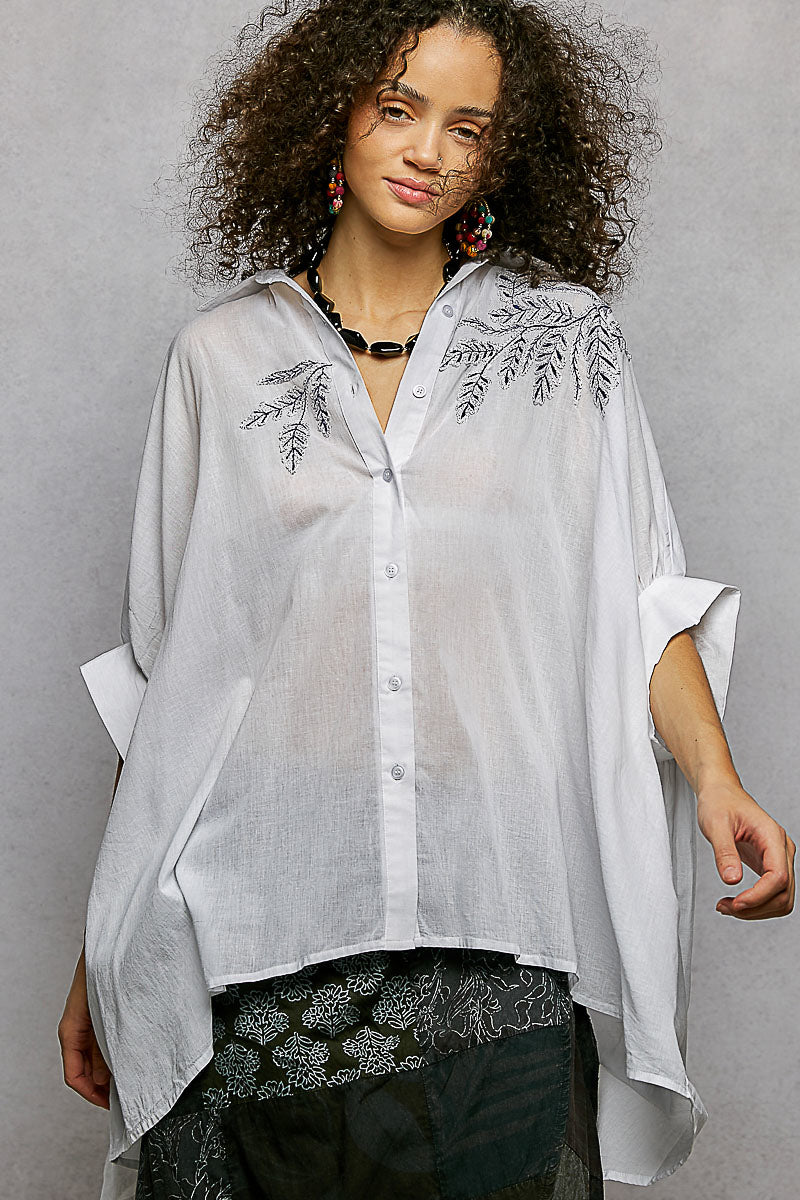 POL Button Down Embroidered Floral High-Low Hem Shirt-3