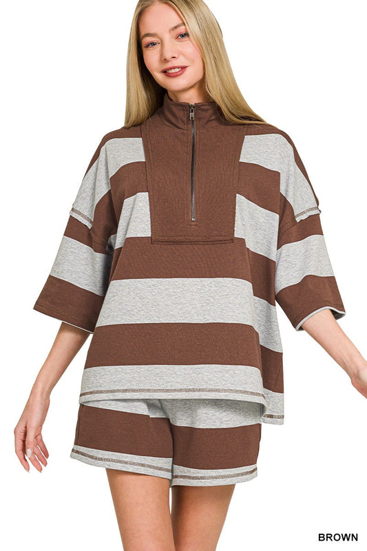 Zenana Frenchterry Striped Half Zip Top & Shorts Set-0