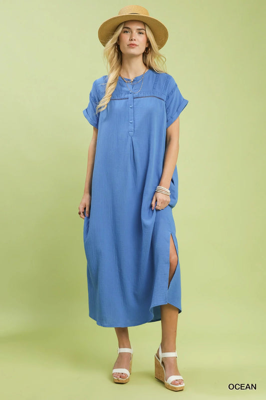 Umgee Button-Front Gauze Midi Dress with Lace Detail-0