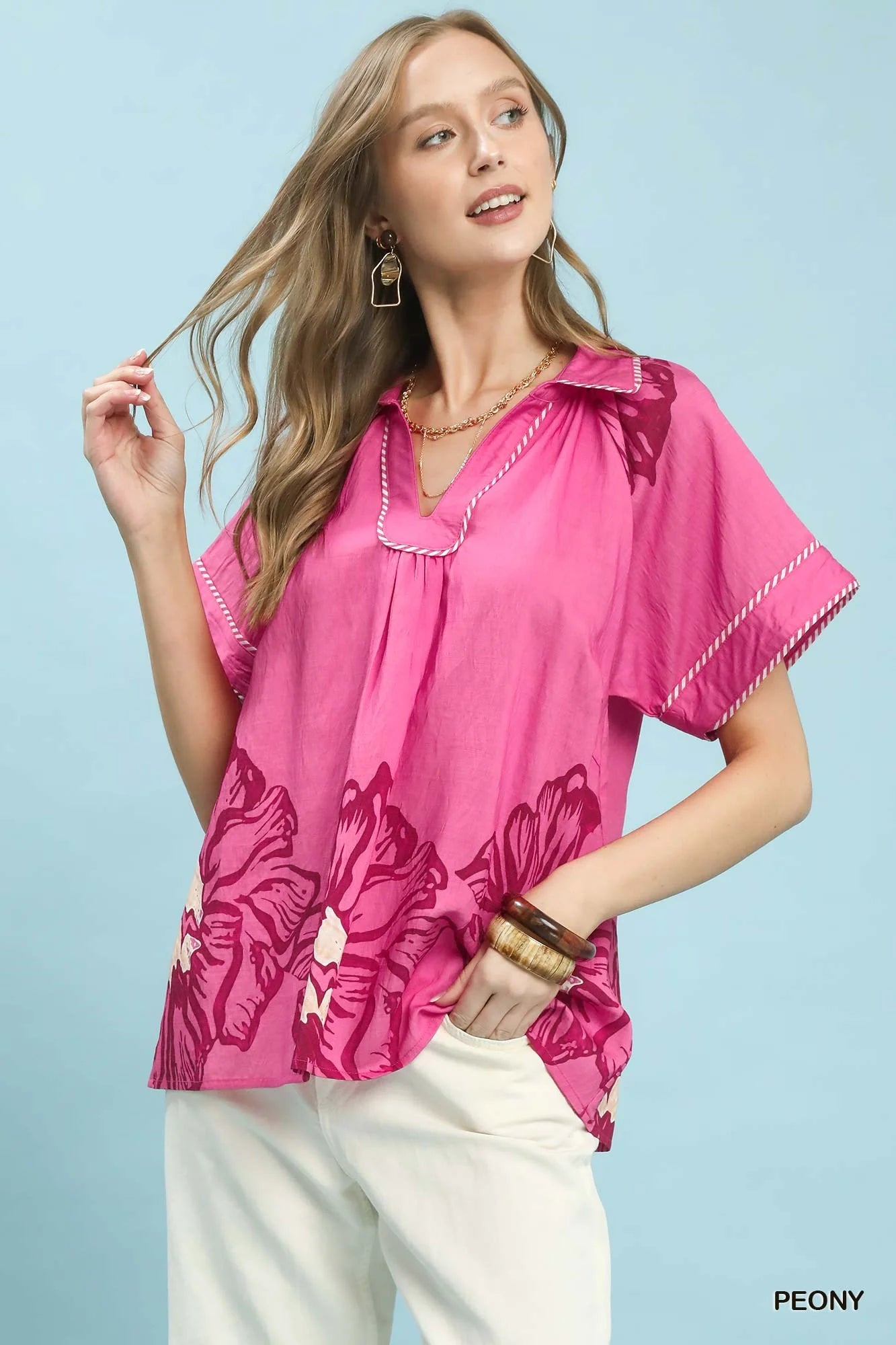 Umgee Floral Split-Neck Short Sleeve Top-0