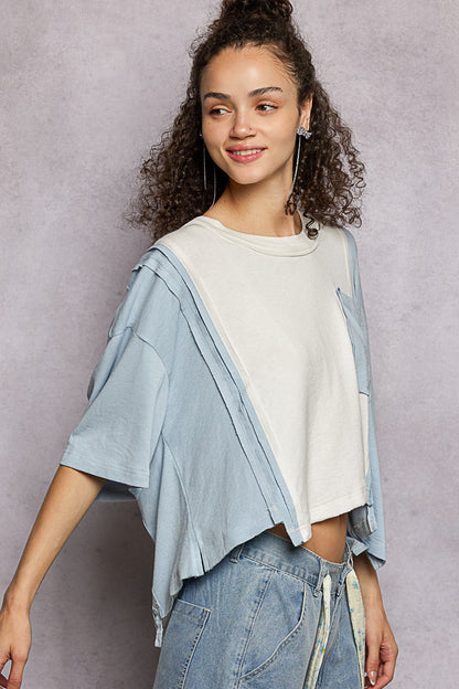 POL Color Block Patchwork Cropped T-Shirt-2
