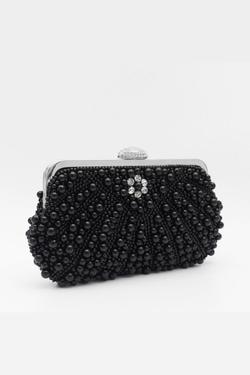 Black Pearl And Crystal Clutch Bag With Silver Details-0
