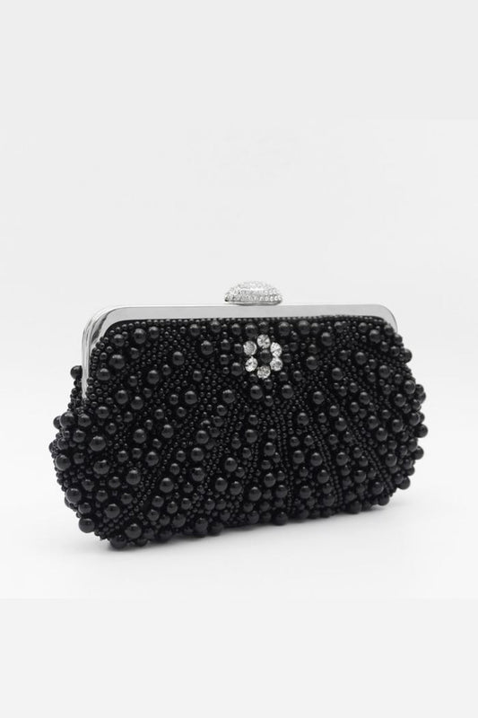 Black Pearl And Crystal Clutch Bag With Silver Details-0