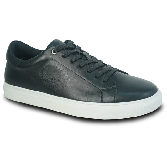 Men's black Oxford sneaker with removable insole, Tux-USA men's shoes, close-up of sleek leather upper and classic lace design.