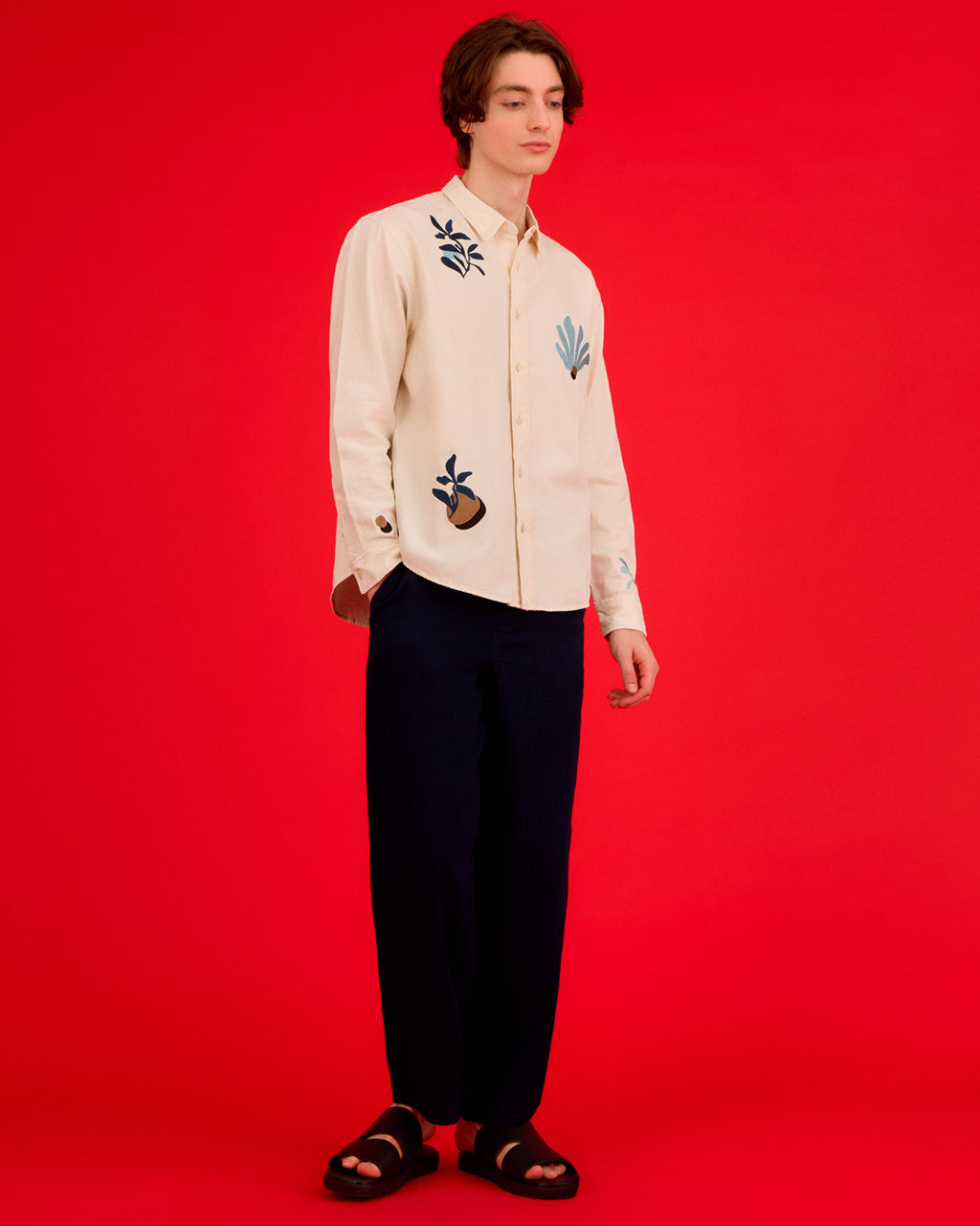 Abstract Floral Organic Cotton Shirt Ecru-1