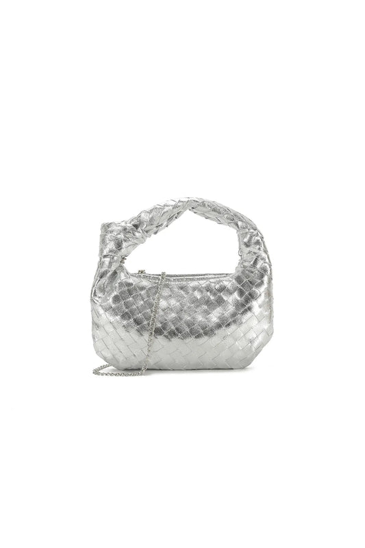 Silver Woven Top Handle Bag with Knot Detail-0
