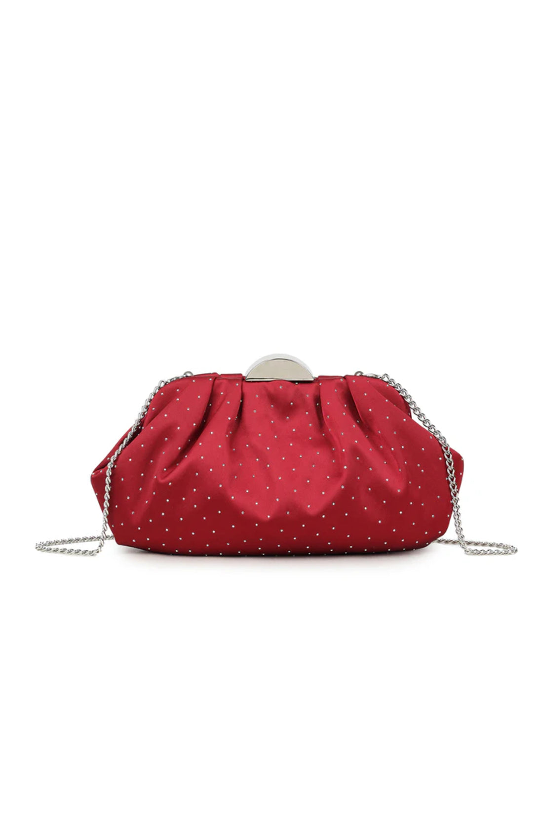 Cherry Red Embellished Satin Ruched Clutch Bag-0