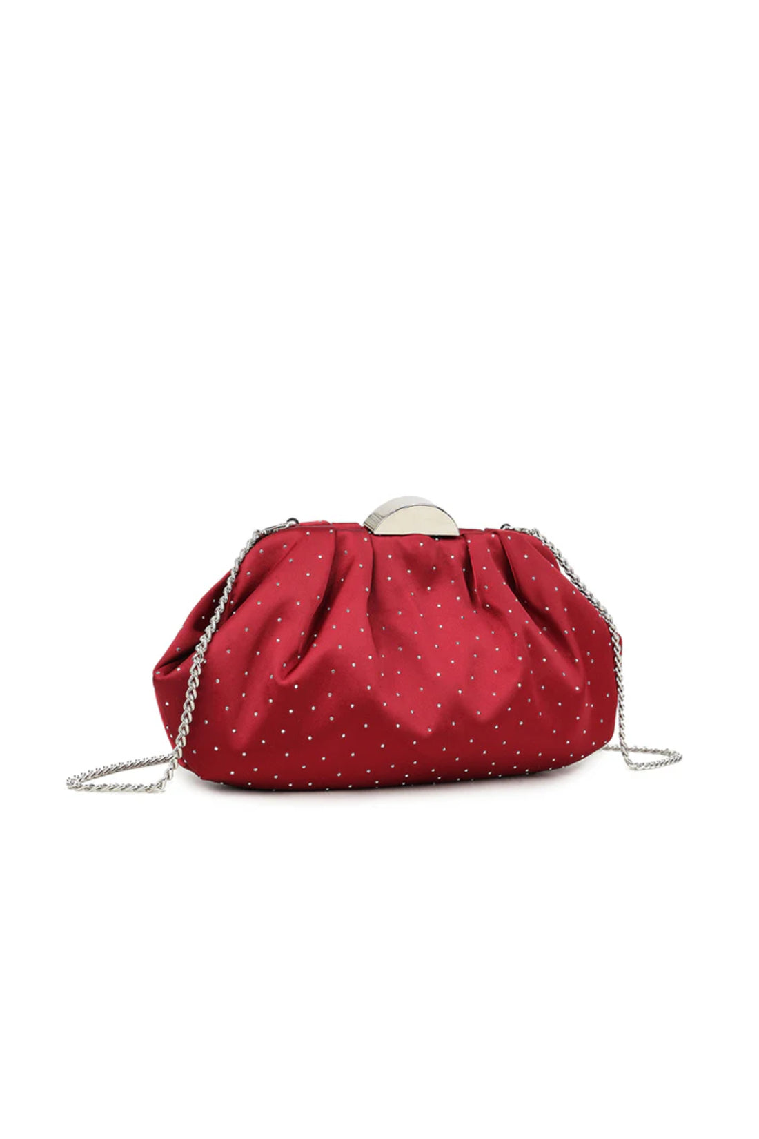 Cherry Red Embellished Satin Ruched Clutch Bag-1
