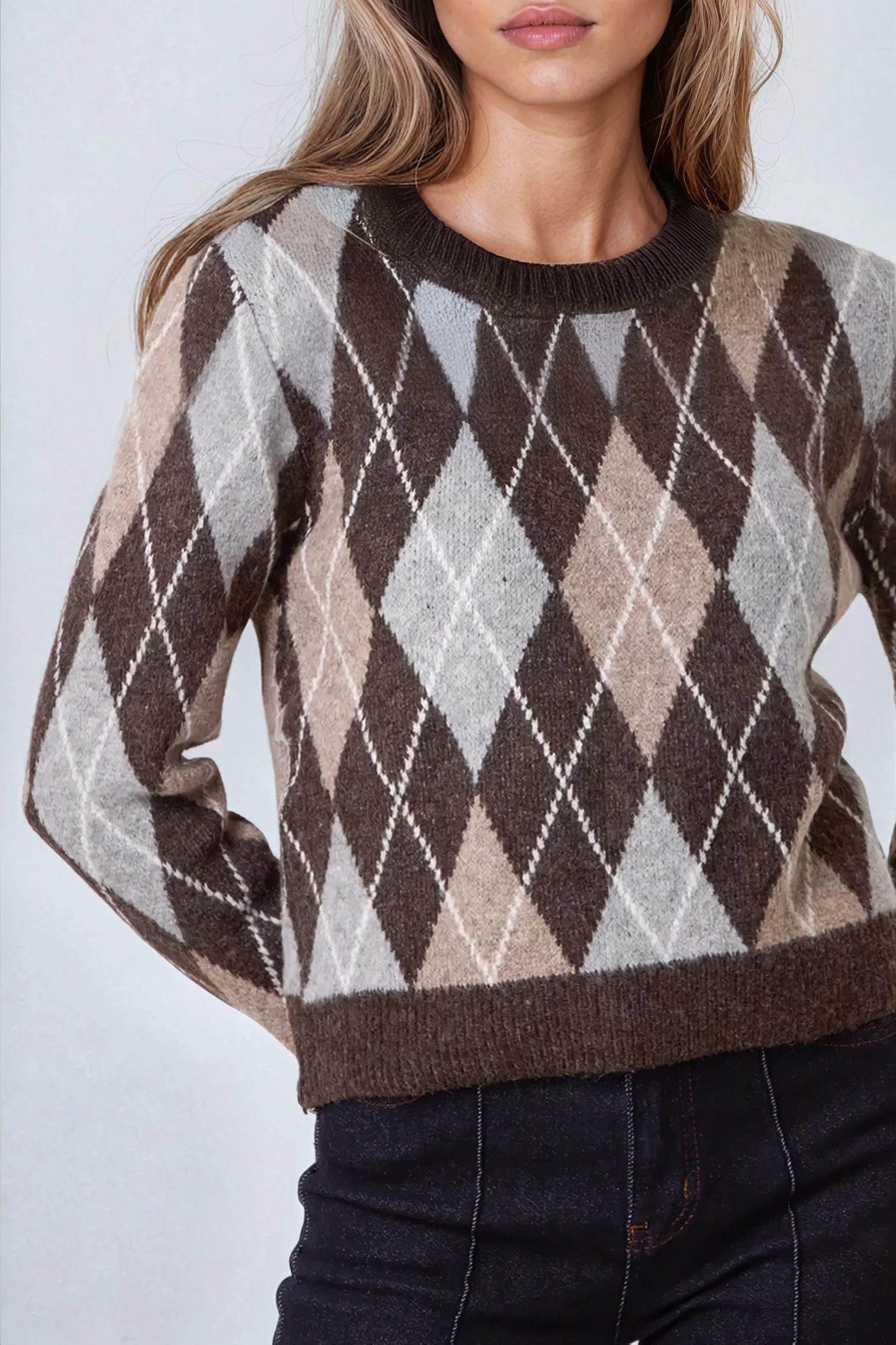 Light Brown Grey Wool Blend Jacquard Jumper