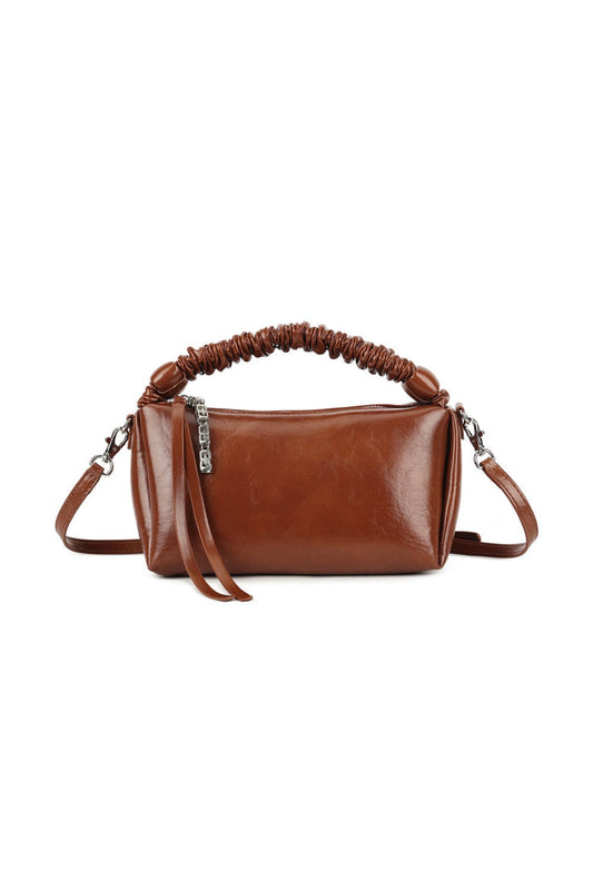 Brown Ruched Top Handle Bag-0