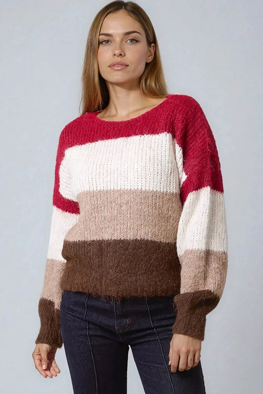 Wine Wool Blend Colour Block Knitted Jumper