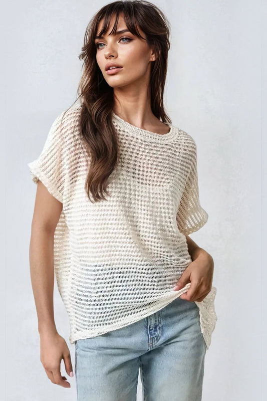 Cream Crochet Oversized Top-0