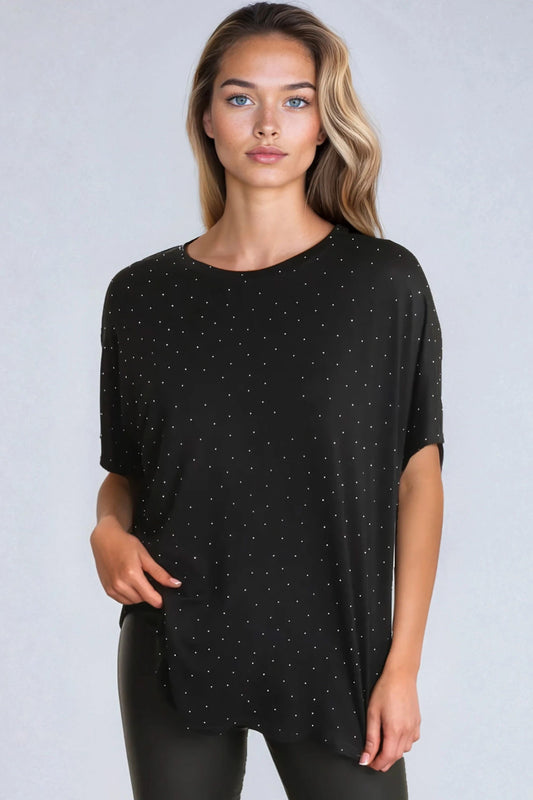 Black Embellished Round Neck T-Shirt-0