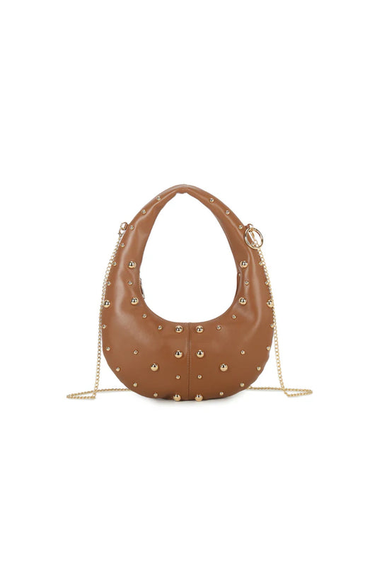 Tan Oval Studded Shoulder Bag-0