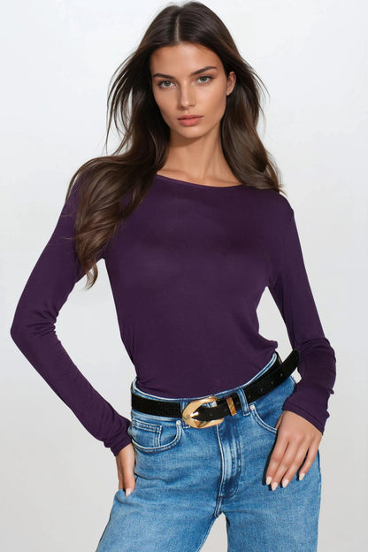 Purple Round Neck Long Sleeve Top-0