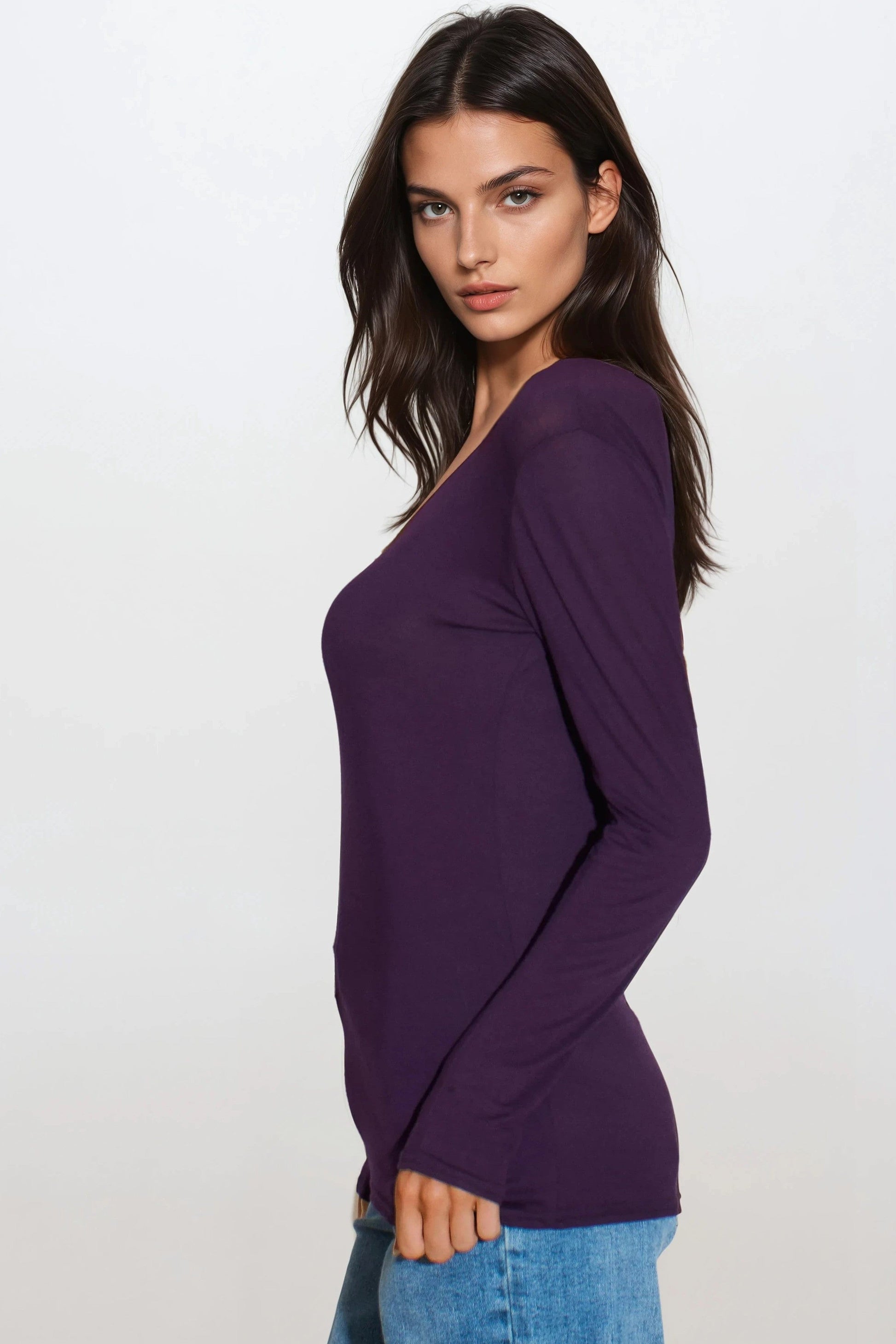 Purple Round Neck Long Sleeve Top-2
