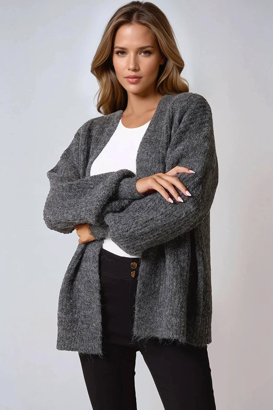 Charcoal Wool Blend Balloon Sleeve Knitted Cardigan-0
