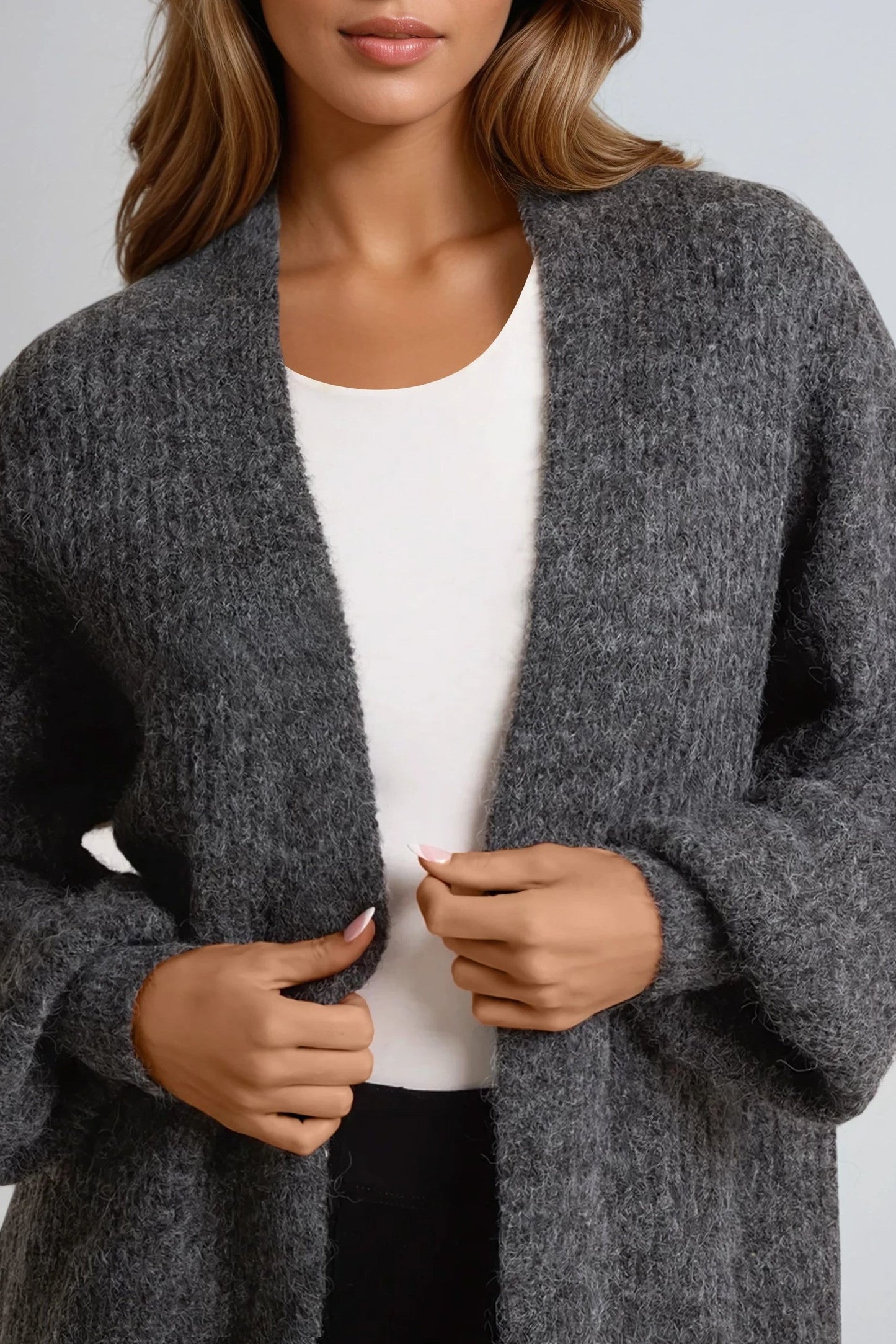 Charcoal Wool Blend Balloon Sleeve Knitted Cardigan-1