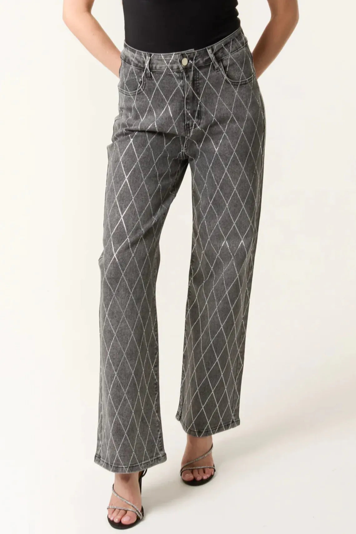 Black Wash Diamond Embellished Straight Leg Jeans